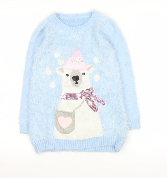Dunnes Girls Blue Polar Bear Furry Jumper Age 7 Winter Pullover