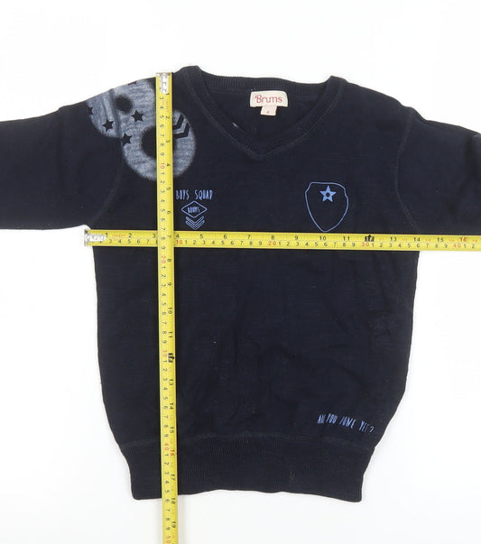 Brums Boys Navy Blue V-Neck Pullover Jumper 6 Years 100% Cotton Graphic Print