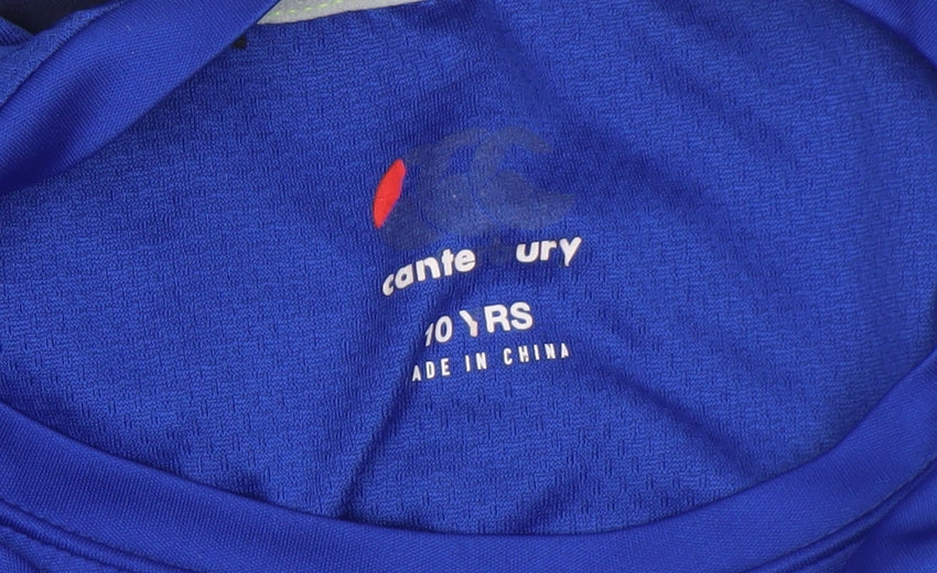 Brand and care label for Canterbury boys’ blue leinster rugby vapodri athletic t-shirt 10 years