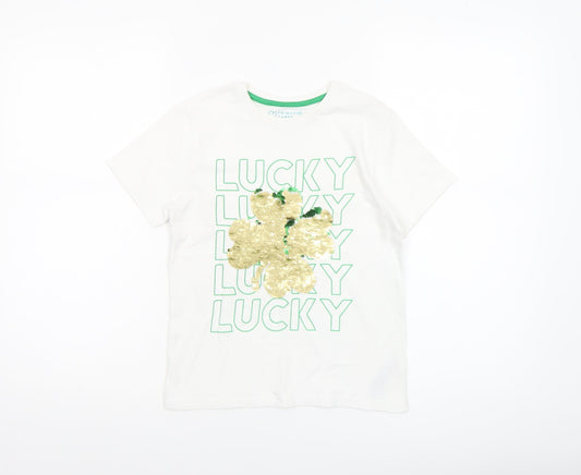 Additional front view of Primark girls’ white sequin lucky clover t-shirt 7-8 years