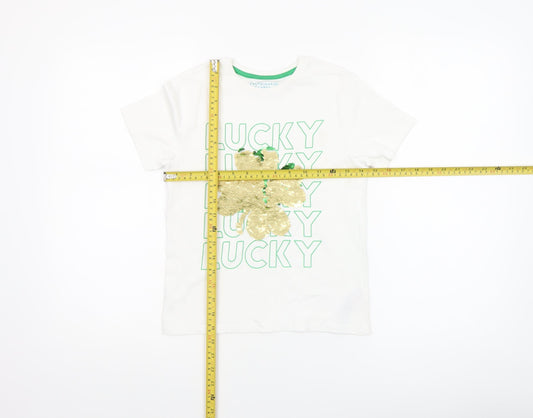 Primark Girls White Sequin Lucky Clover T-Shirt 7-8 Years