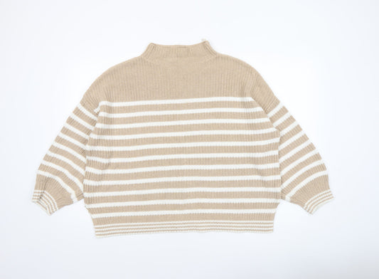 Cupcakes and Cashmere Women's Beige Striped Cotton Mock Neck Jumper L