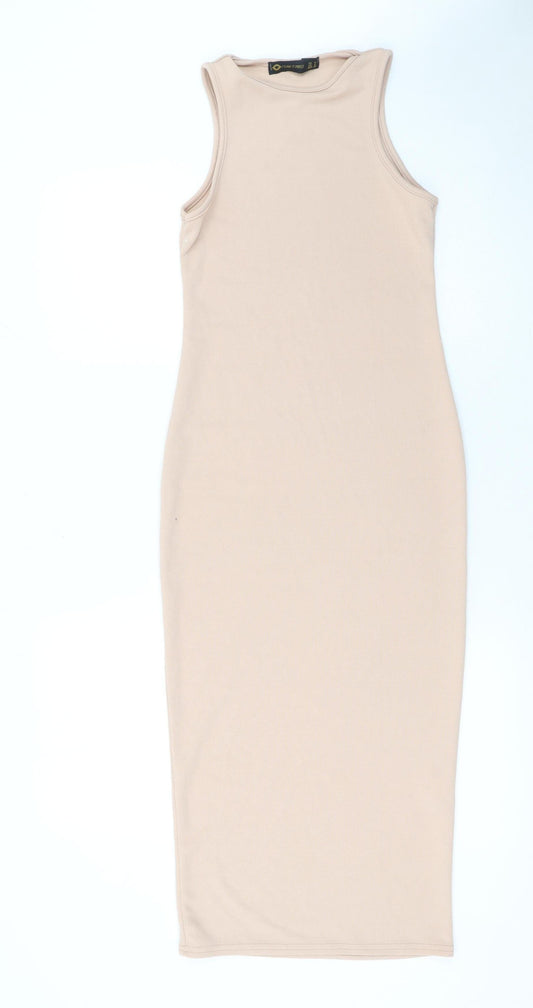 Additional front view of I Saw It First Women’s Beige Sleeveless Bodycon Midi Dress, size UK 8