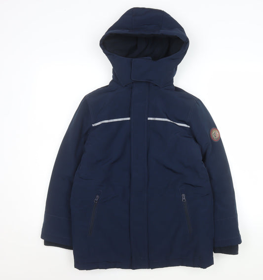 Additional front view of Andy & Evan boys’ blue hooded parka coat, size 11-12, years polyester winter jacket