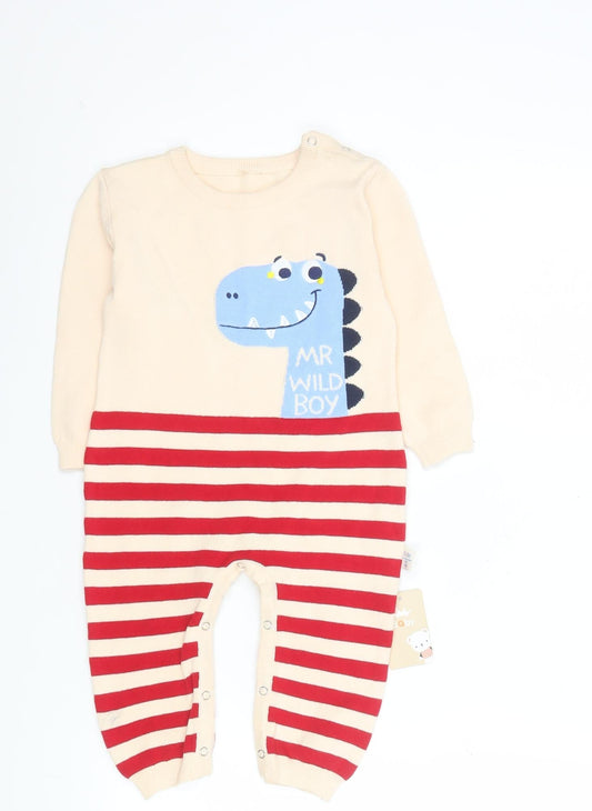 Additional front view of Baby boys’ beige red striped cotton dinosaur babygrow 12 months