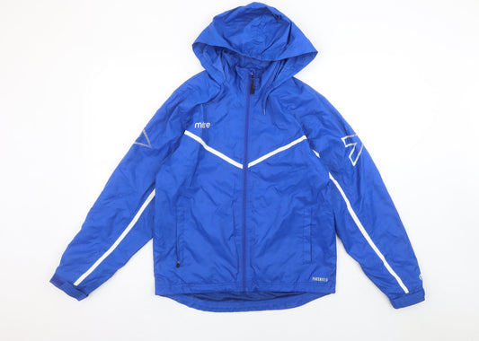 Additional front view of Mitre boys’ blue windbreaker hooded jacket l lightweight waterproof