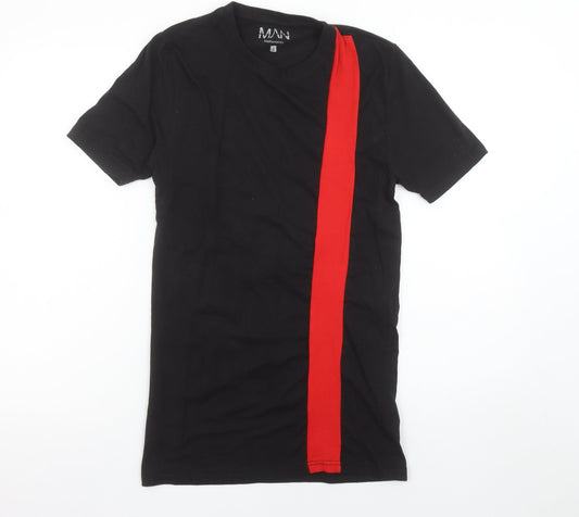 Additional front view of boohooMAN Men's Black & Red Colourblock Crew Neck T-Shirt, size S