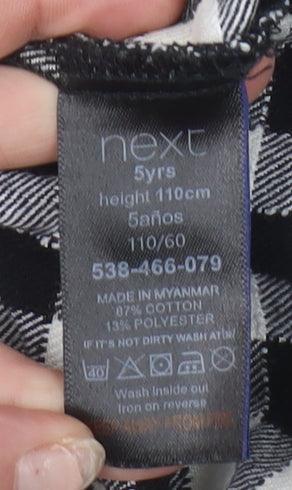Brand and care label for Next girls’ black check cotton button-up shirt 5 years