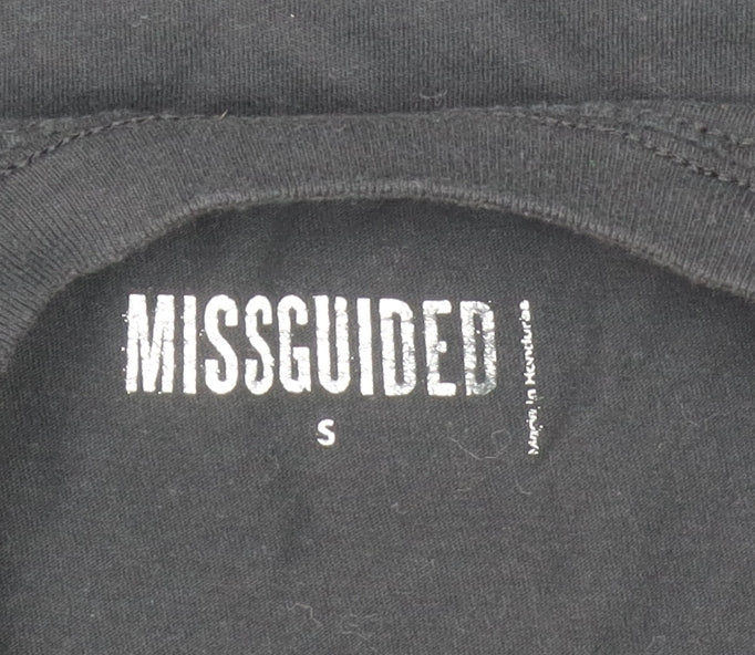 Brand and care label for Missguided Women's Black S Short Sleeve Cotton Graphic T-Shirt
