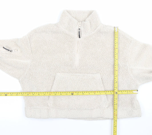 Bershka Women Beige 1/4 Zip Fleece Pullover Sweatshirt Size S