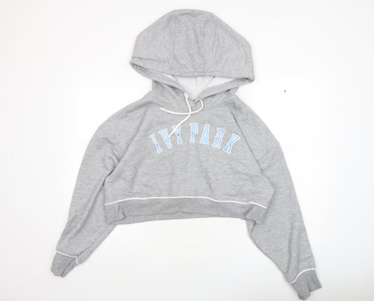 Additional front view of Ivy Park Women's Grey Cropped Hoodie, size M, Drawstring Pullover