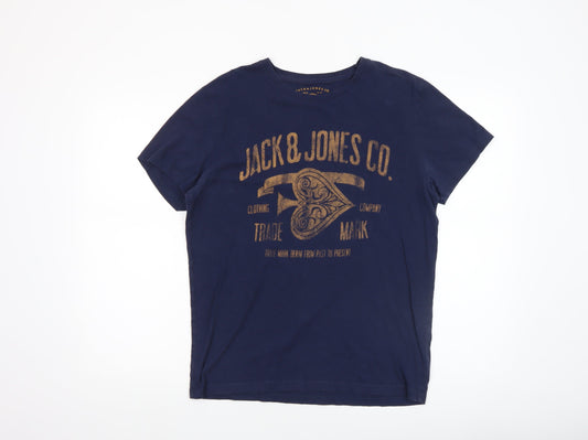 Jack & Jones Men's Blue Graphic Print Crew Neck Cotton T-Shirt Size S