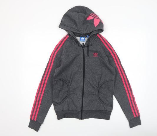 Additional front view of Adidas women’s grey full zip hoodie xs - pink stripes athletic fit