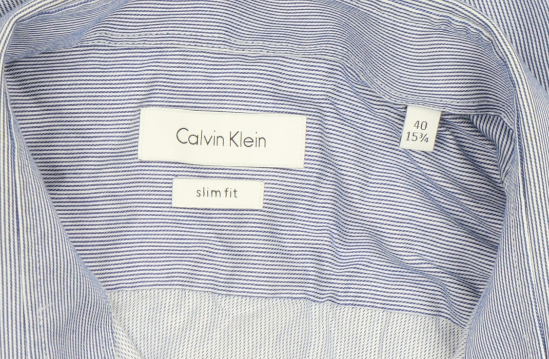 Calvin Klein Men's Blue Slim Fit Long Sleeve Striped Button-Up Shirt Size 15.75