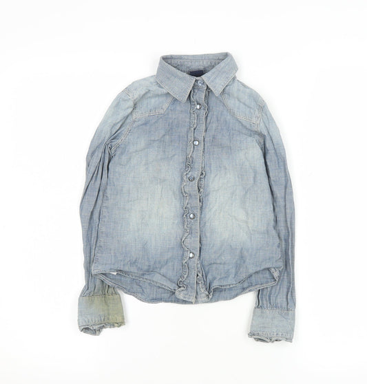 Additional front view of GapKids girls’ blue denim button-up ruffle shirt long sleeve 7 years