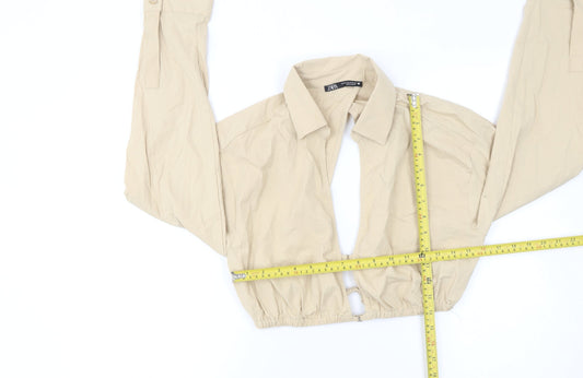 Zara Women Beige Cropped Collared Long Sleeve Blouse M
