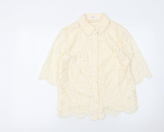 Additional front view of Gallery Women’s Beige Lace Floral Button Blouse UK 8