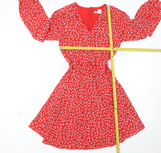 Glamorous Women Red Floral Wrap Dress Size 6 Long Sleeve