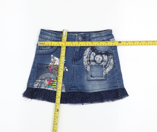 Desigual Girls Blue Denim Sequin Mini Skirt 5-6 Years Adjustable Waist