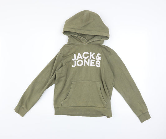 Jack & Jones Boys Green Hoodie Size 152 Pullover Fleece Logo Sweatshirt