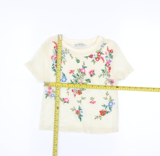 Light Before Dark Womens Beige Embroidered Floral Mesh Cropped T-Shirt XS