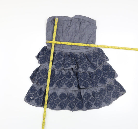 Superdry Women Blue Strapless Ruffle Chambray Dress Size L
