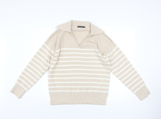 Additional front view of Dunnes Men’s Beige Striped Collared jumper, size S