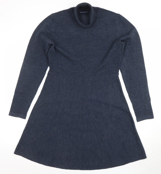 Additional front view of French Connection Women's Blue Knit Roll Neck A-Line Dress, size L
