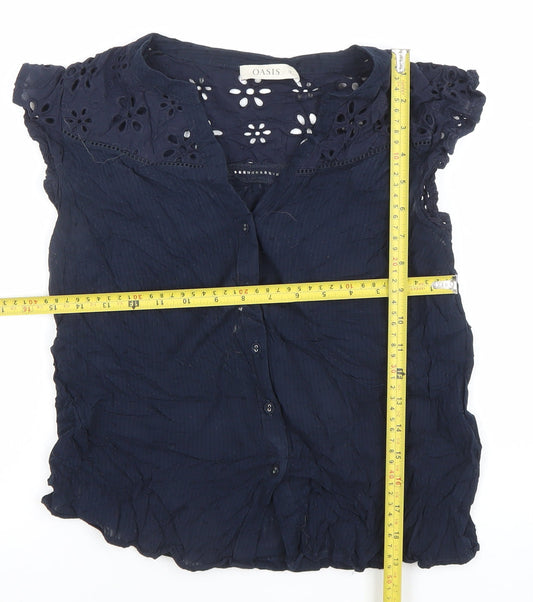 Oasis Womens Blue Cotton Embroidered Short Sleeve Tunic Blouse Size 12