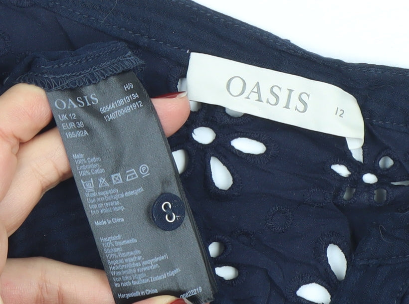 Oasis Womens Blue Cotton Embroidered Short Sleeve Tunic Blouse Size 12