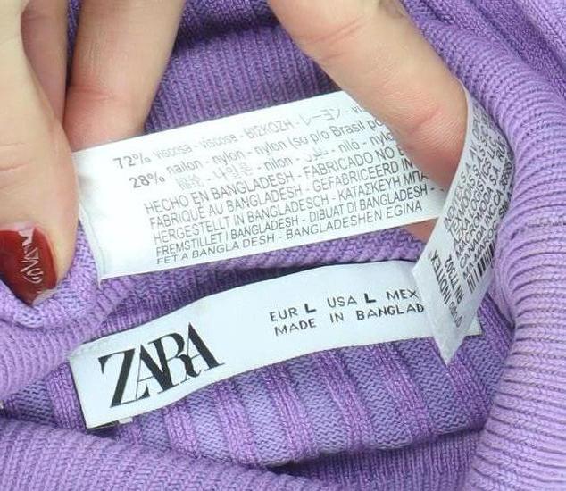 ZARA Women's Purple Roll Neck Ribbed Knit Jumper Size L