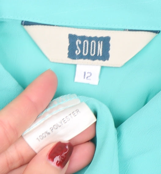 Brand and care label for Soon Women's Green, size 12, Collared Long Sleeve Polyester Blouse