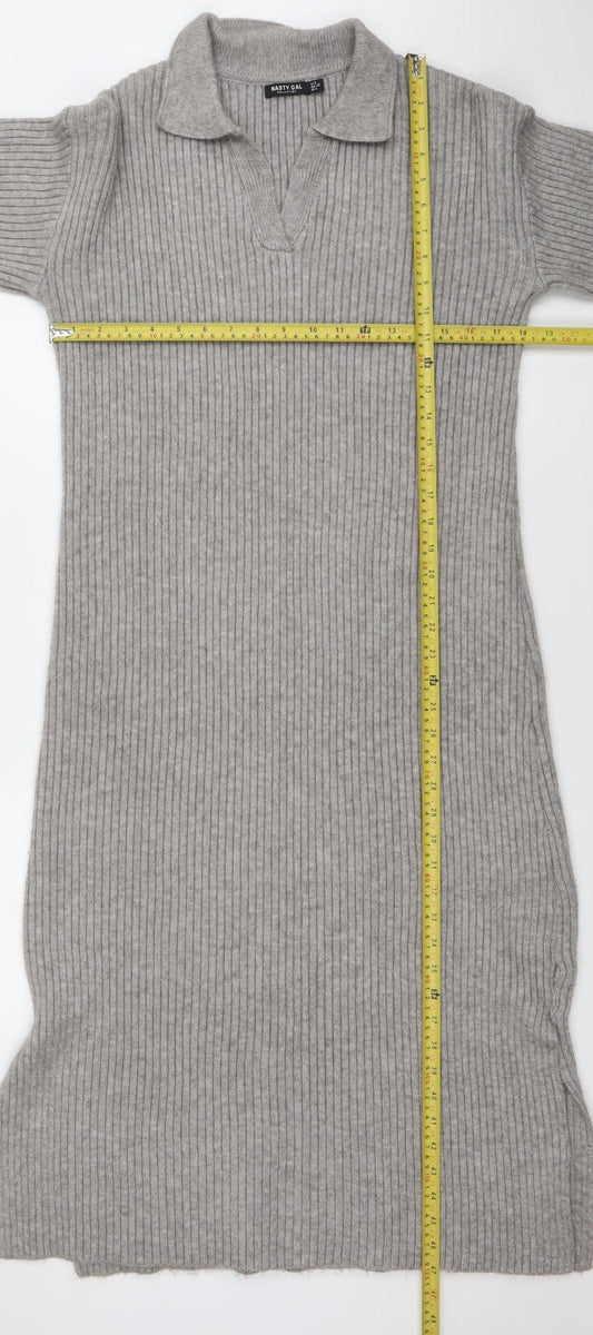 Nasty Gal Women Grey Ribbed Knit Long Sleeve Midi Sweater Dress UK 4