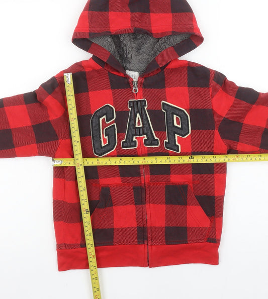 GAP Kids Boys Red Black Plaid Full Zip Hoodie Size 6-7 Years Fleece Lined