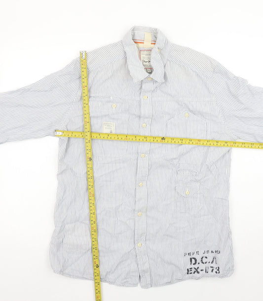 Pepe Jeans Men's Blue Striped Slim Fit Long Sleeve Button-Up Shirt L