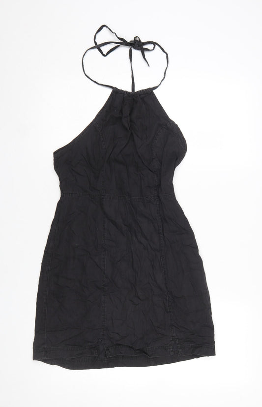 Additional front view of ASOS DESIGN Women’s Black Cotton Halter Short Dress UK10