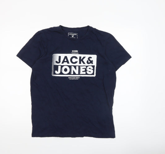 Jack & Jones Mens Blue Graphic Logo Crew Neck Cotton T-Shirt Size M