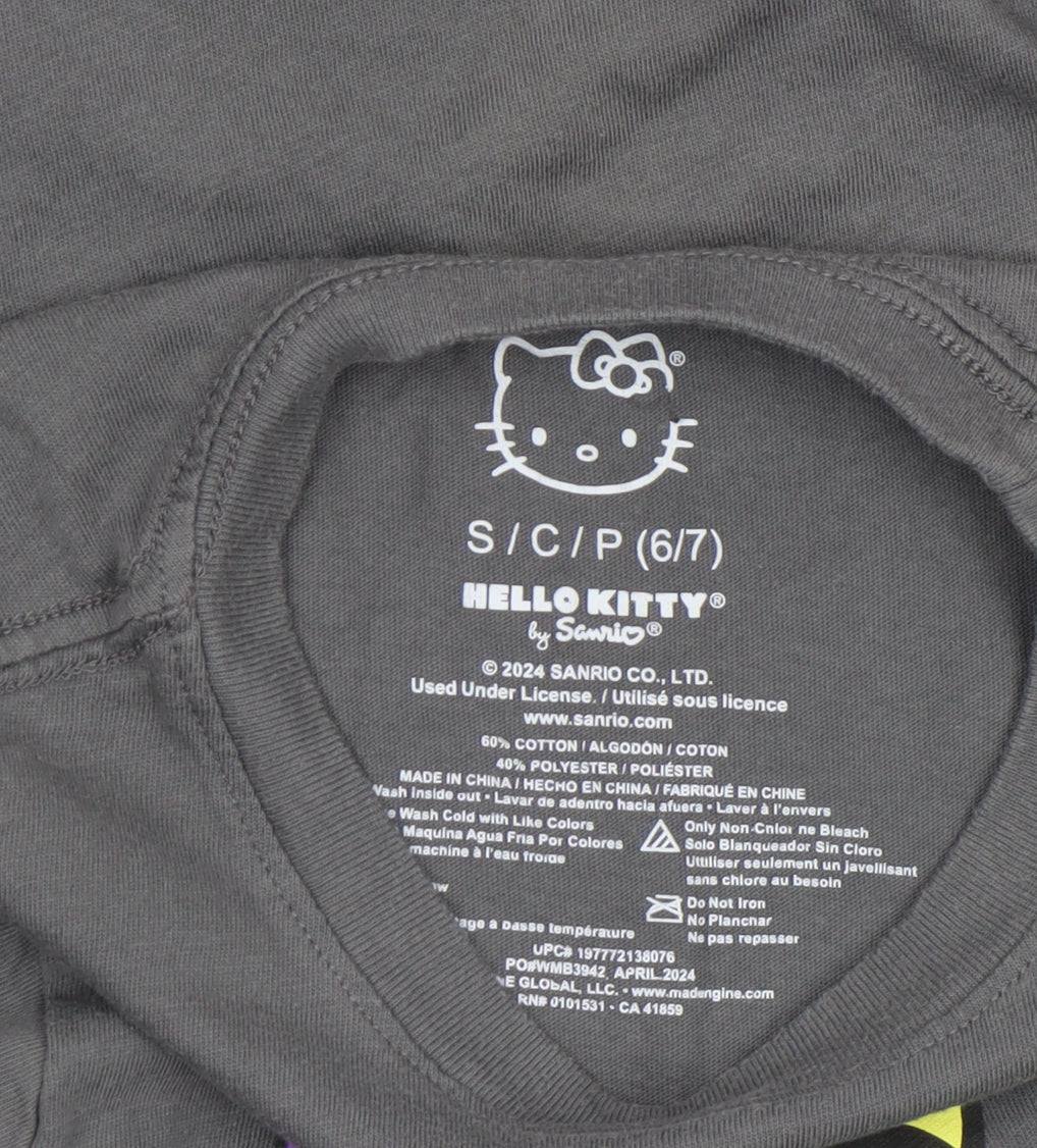 Brand and care label for Sanrio girls’ grey hello kitty graphic t-shirt 6-7 years cotton blend