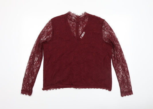 Additional front view of Gallery Women's Burgundy Lace Long Sleeve Blouse, size 14