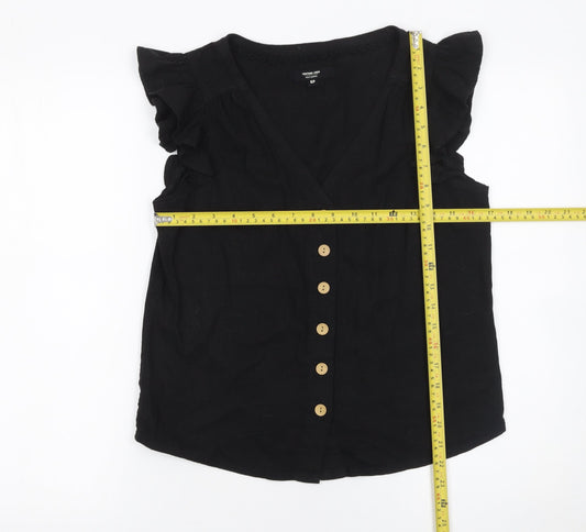 Next Petite Black Linen Blend Button Ruffle Sleeve Blouse Size 6