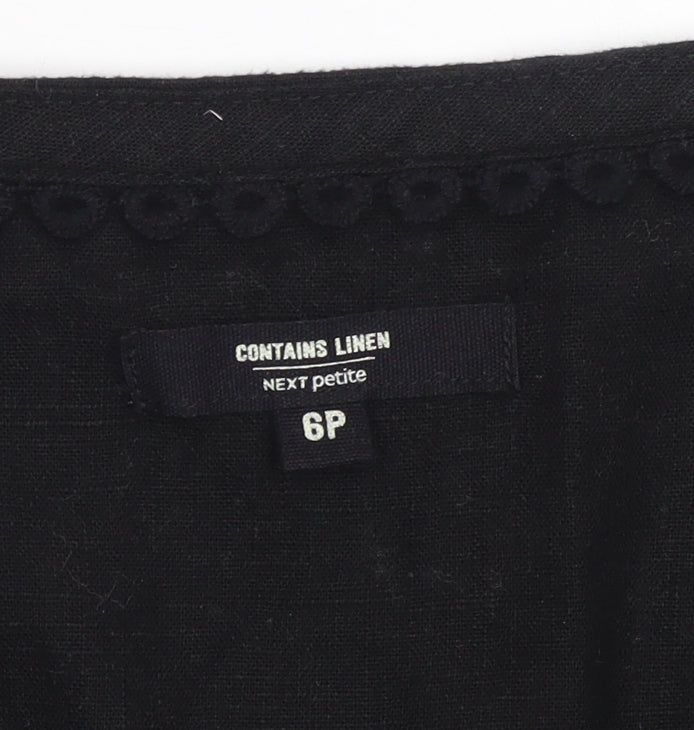 Next Petite Black Linen Blend Button Ruffle Sleeve Blouse Size 6