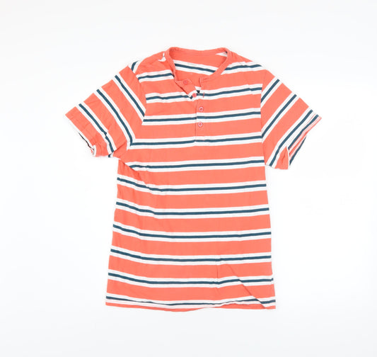 Additional front view of Dunnes men’s orange striped henley short sleeve cotton shirt xs