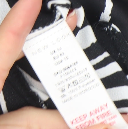 New Look Women Black White Animal Print Long Sleeve Button-Up Shirt UK 14