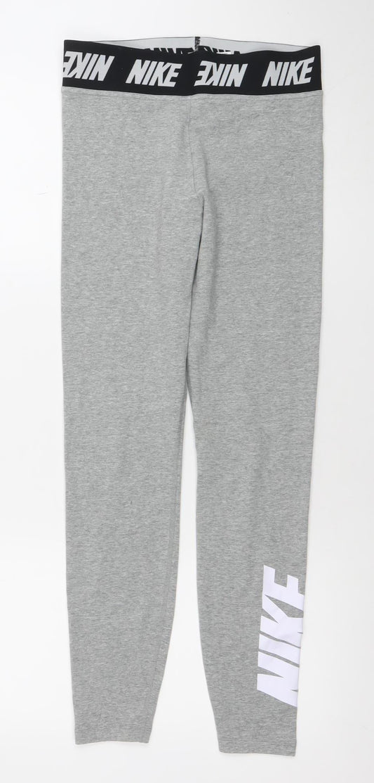 Nike Women Grey M Leggings Elastic Waist Logo Tapered Activewear