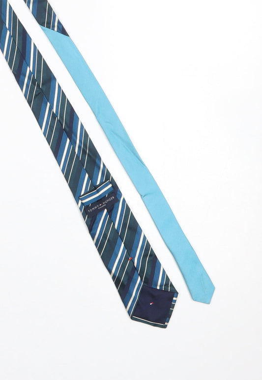 Tommy Hilfiger Men Aqua Blue Striped Silk Tie Slim Designer Made in Italy