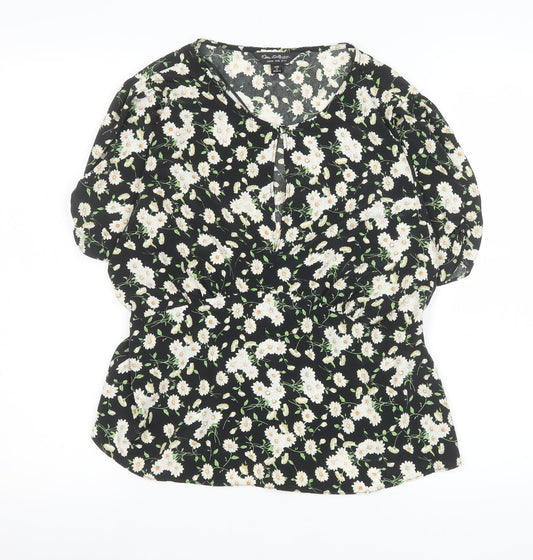 Additional front view of Miss Selfridge women’s black floral blouse uk14 v-neck puff sleeve tunic