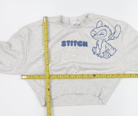 Back view of Disney Stitch girls’ grey pullover sweatshirt 9-10 years graphic print