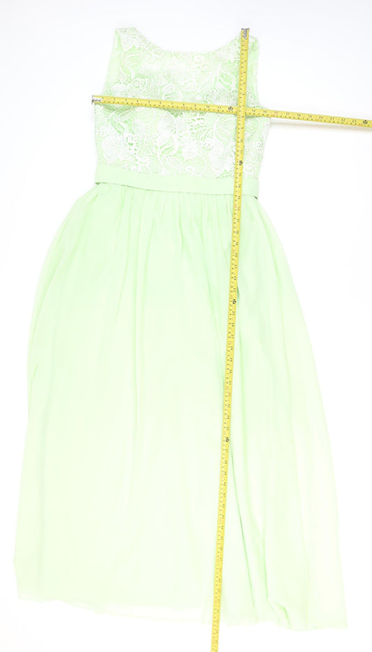Staceees Womens Green Lace Chiffon Long A-Line Sleeveless Formal Dress