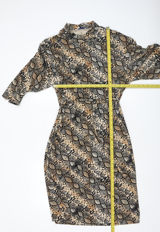 Zara Women Beige Snake Print Shift Dress Size 14 3/4 Sleeve