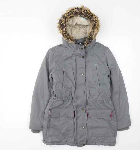 Additional front view of FatFace girls’ grey faux fur hooded parka coat 12-13 years lined winter jacket